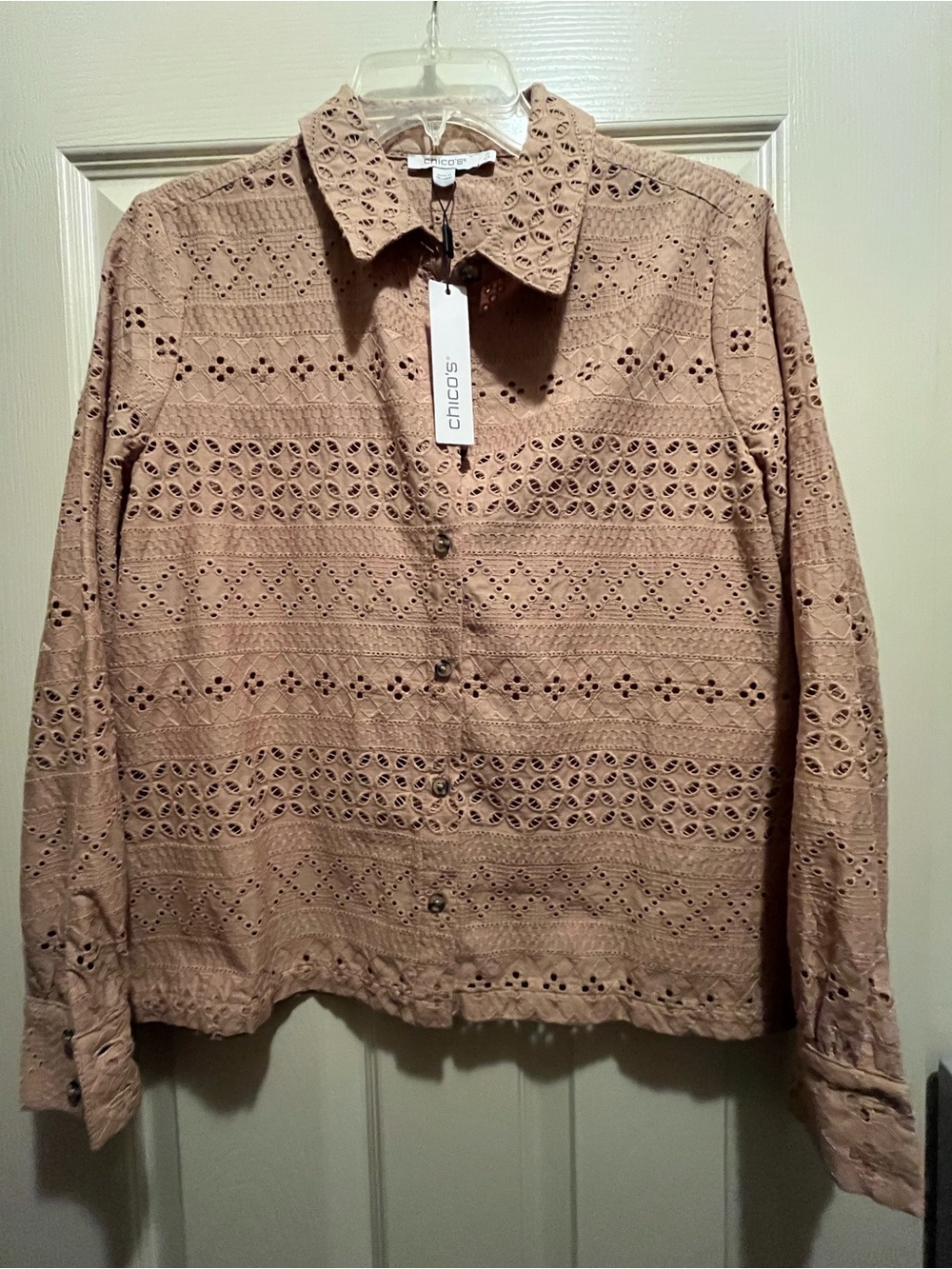 Chico's Women’s Eyelet Button-Front Shirt in Taupe